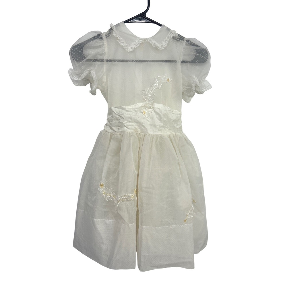 Vintage 1950s Girls XS Lace Puff Sleeve Sheer Floral Princess Dress Rockabilly